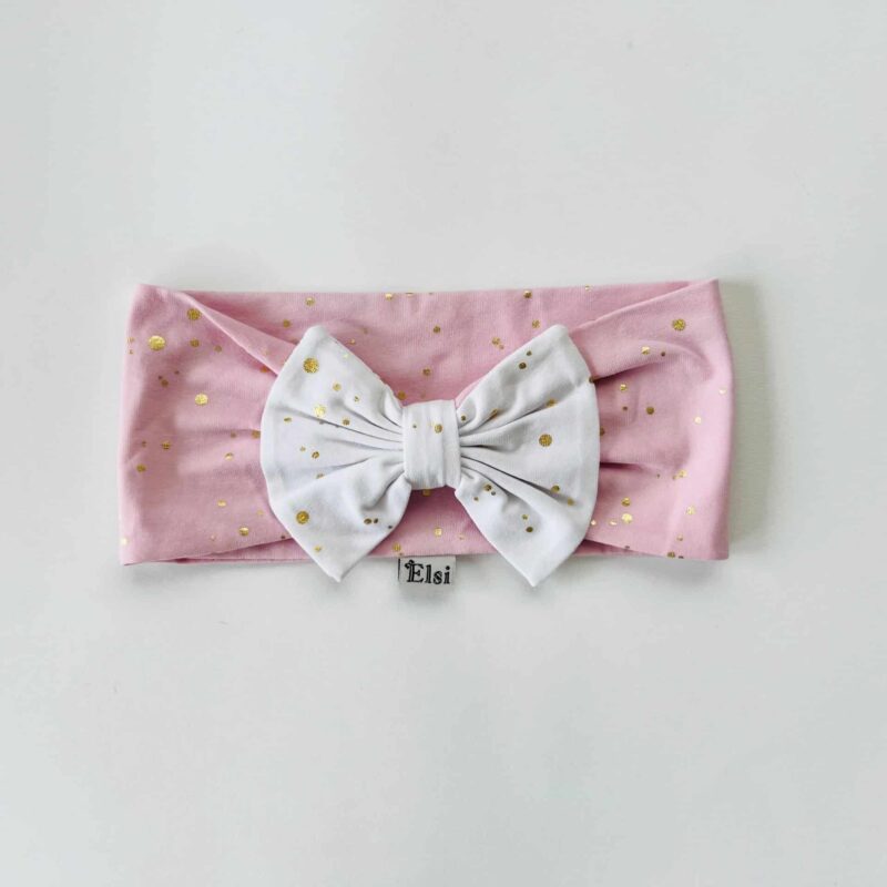 Roosa peapael valgel kuldsed täpid